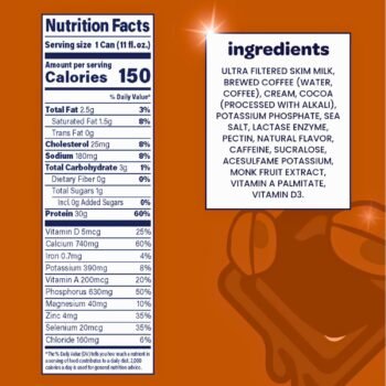 Ingredients label for Nurri Protein Shake Variety Pack made with ultra-filtered skim milk and brewed coffee.